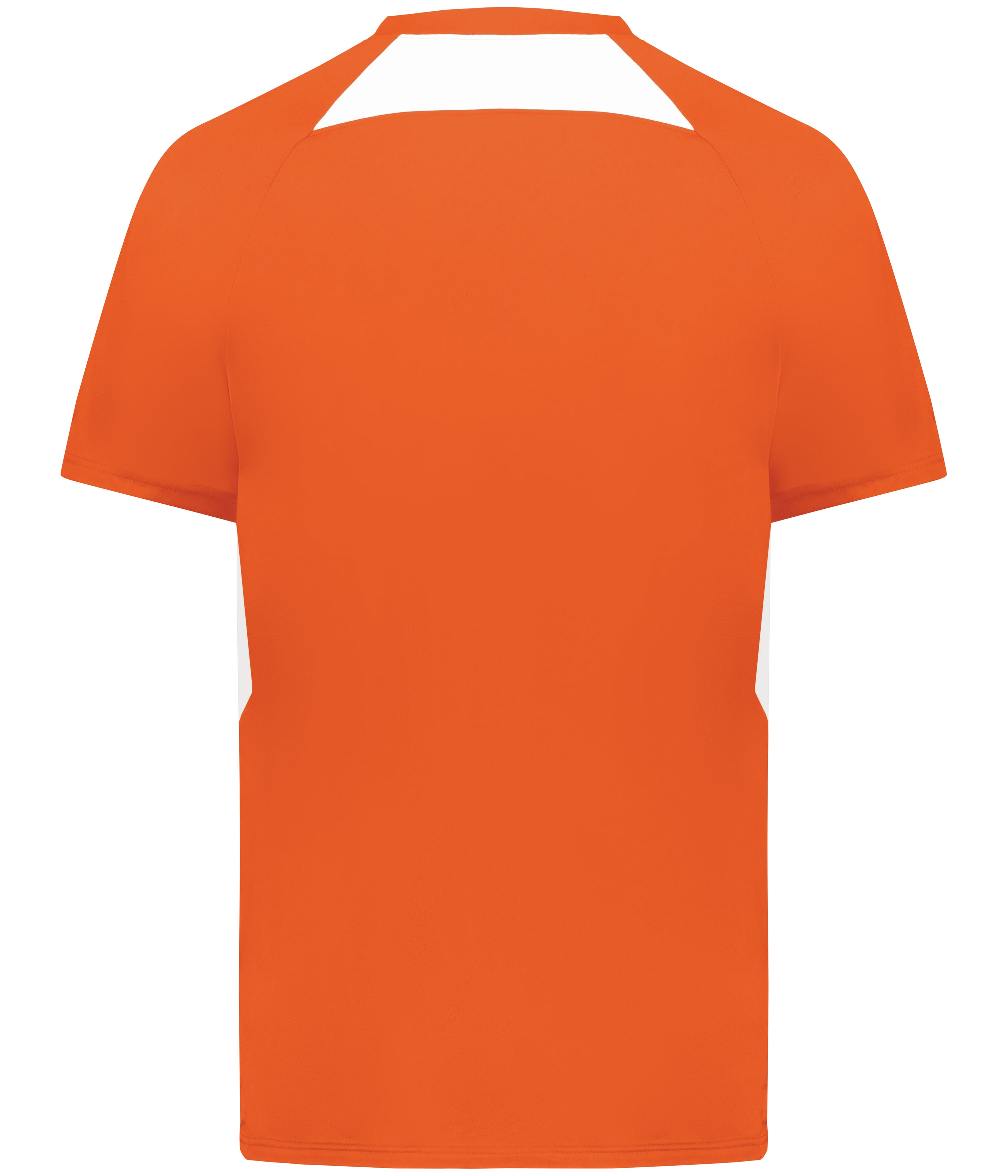 Back of an orange short-sleeved sports jersey with white panels on the sides and upper back.