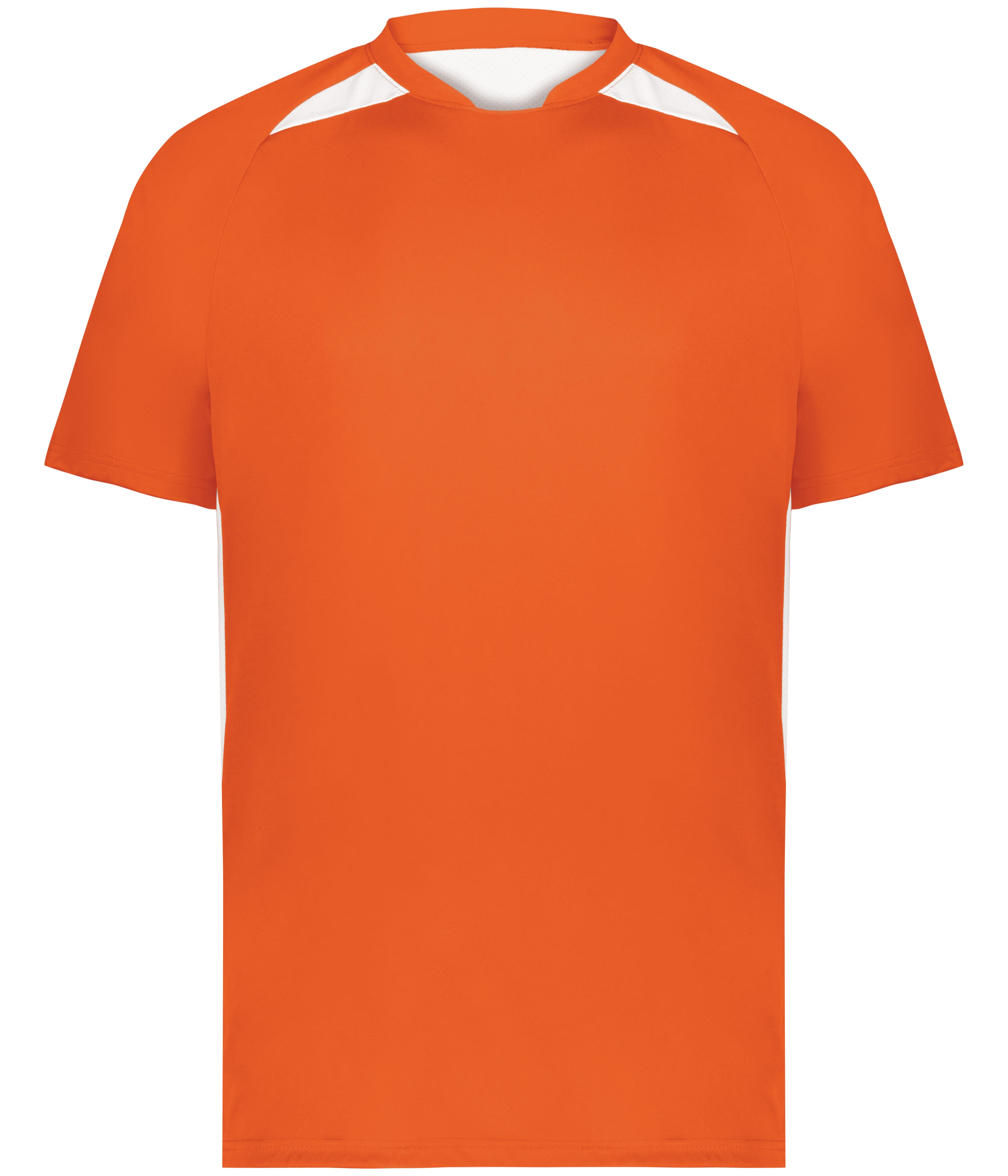 Front view of a short-sleeved orange sports jersey with white panels on the shoulders and sides.