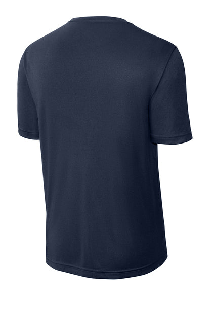 Back view of a plain navy blue short-sleeved t-shirt against a white background.
