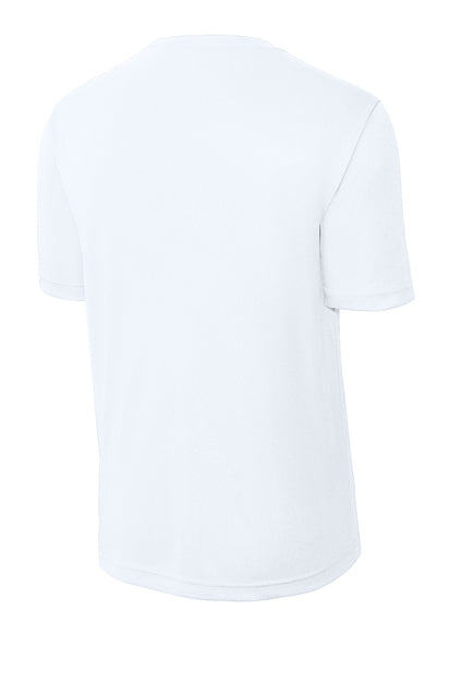 Back view of a plain white short-sleeved t-shirt.