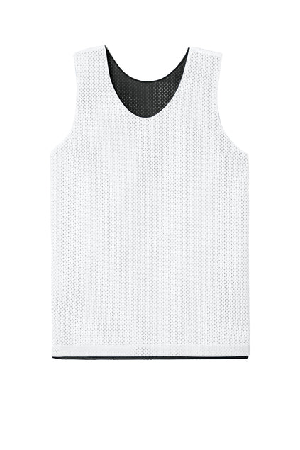 A white reversible athletic mesh tank top with a black interior, featuring a rounded V-neckline and small perforations throughout.
