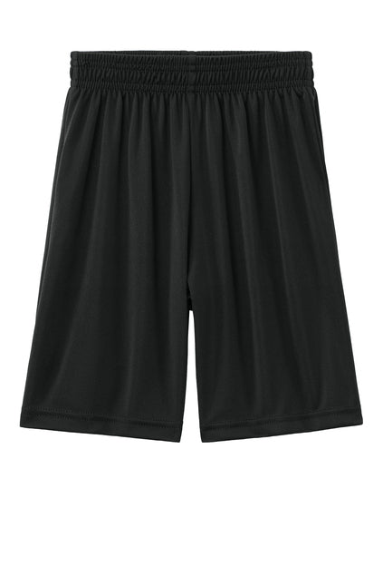 A pair of black athletic shorts with an elastic waistband, laid flat against a white background.