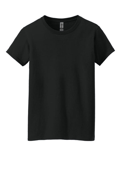 A plain black Gildan brand short-sleeved t-shirt with a crew neck, isolated on a white background.