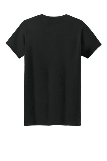 Back view of a plain, solid black short-sleeved t-shirt on a white background.