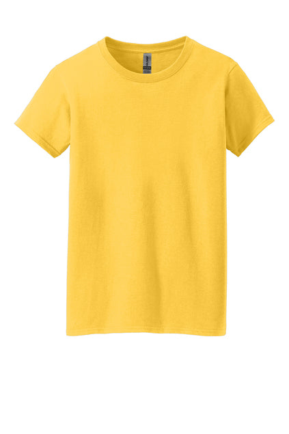 Bright yellow crew neck short-sleeved t-shirt on a white background.