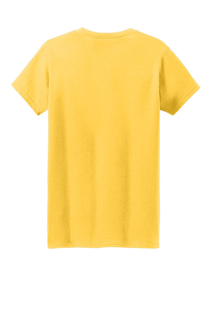 Back view of a plain, short-sleeved yellow t-shirt against a solid white background.