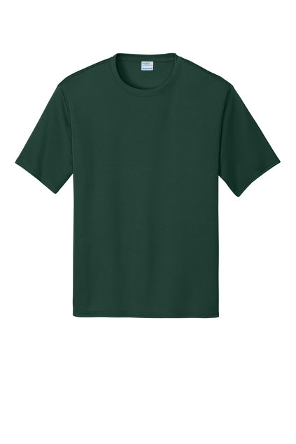 Front view of a solid dark green short-sleeved crew-neck t-shirt against a white background.