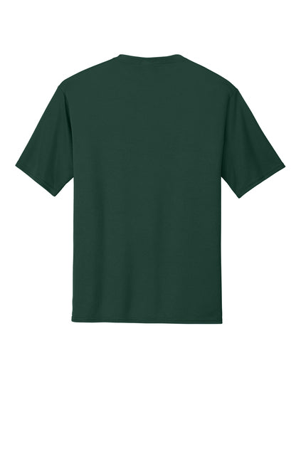 The back view of a plain, dark green, short-sleeved t-shirt.