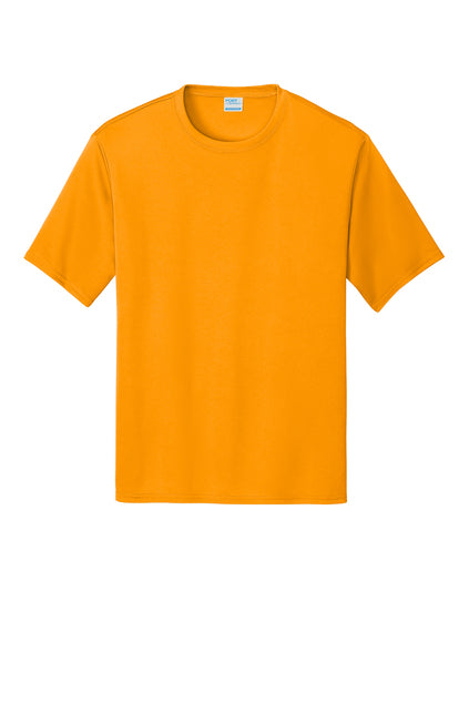 A solid gold-colored, short-sleeve crew neck t-shirt displayed on a white background.