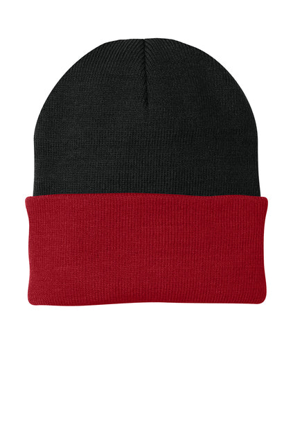 Port & Company Knit Beanie - Black/Athletic Red
