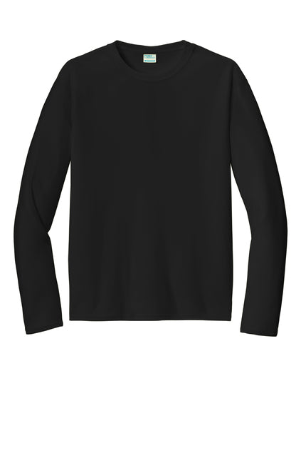 A plain black long-sleeved crewneck t-shirt is displayed against a solid white background.