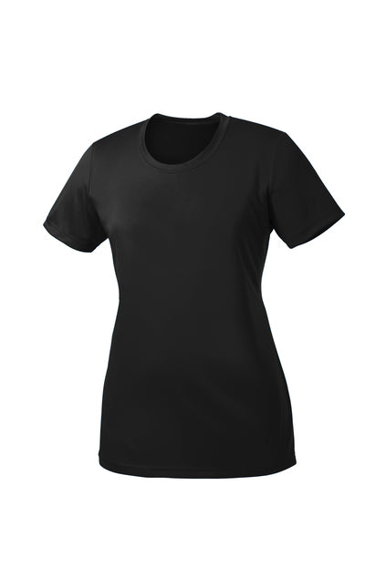 Front view of a plain black short-sleeved women's crew neck t-shirt with a contoured fit, displayed on a solid white background.