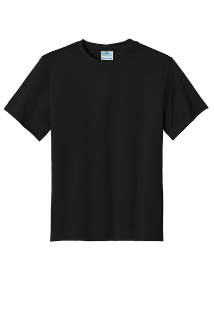 Front view of a plain black short-sleeved crewneck t-shirt with a white Port & Company label at the neckline.