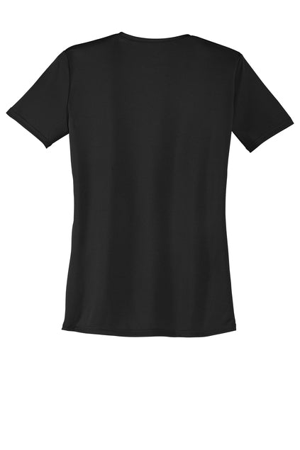Back view of a solid black short-sleeved t-shirt on a white background.