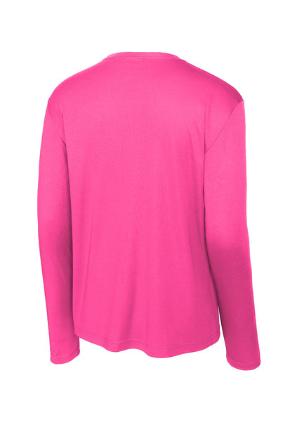 Back view of a bright pink long-sleeved shirt with a crew neck and relaxed fit.