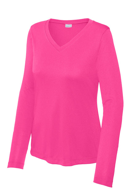 Bright pink long-sleeved V-neck t-shirt.
