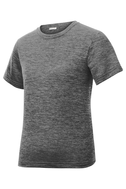 Charcoal grey heathered crew neck short-sleeved t-shirt on a white background.