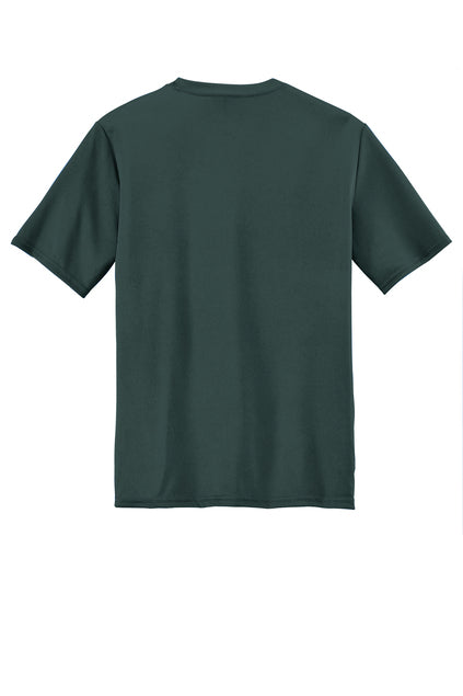 Back view of a solid dark green short-sleeved crew neck t-shirt.