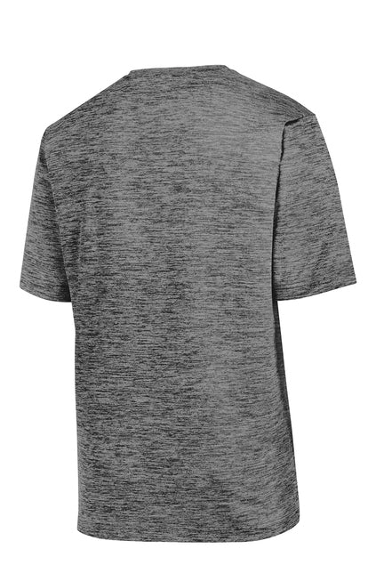 Back view of a short-sleeved grey t-shirt featuring a heathered, marled texture pattern.