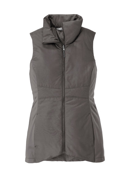 A dark gray sleeveless quilted vest with a full-length front zipper and a high stand-up collar.