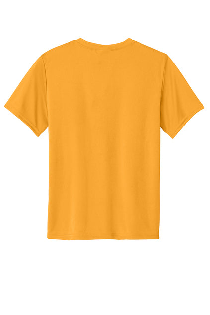 A plain golden-yellow short-sleeved t-shirt seen from the back.