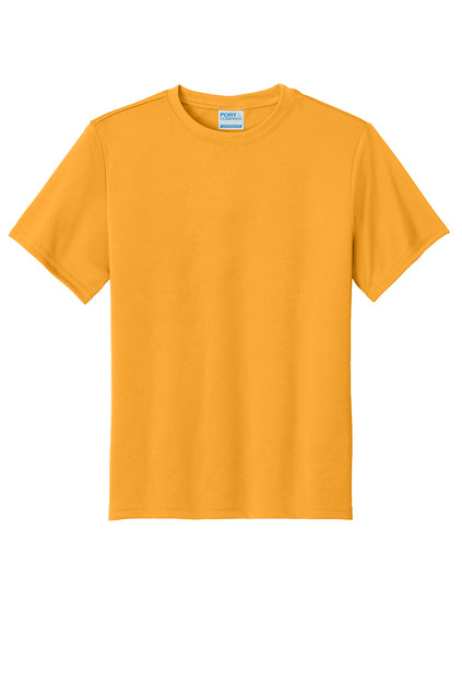 A plain mustard yellow short-sleeved crew neck t-shirt displayed against a white background.