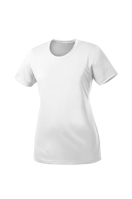 A plain white short-sleeved crew neck t-shirt with a slightly tapered fit, displayed against a solid white background.