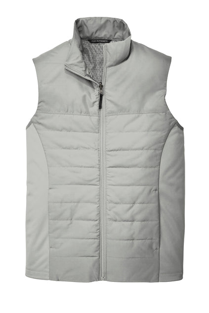A light gray sleeveless vest with horizontal quilting, a full-length zipper, and a stand-up collar.