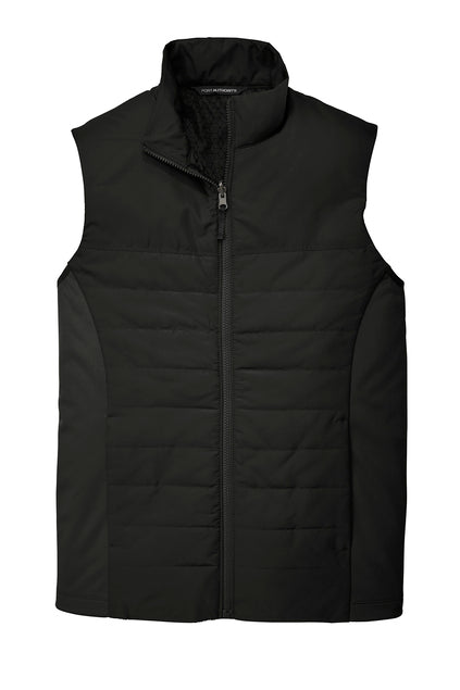 A black quilted vest with a full-length front zipper, a high stand-up collar, and smooth side panels.