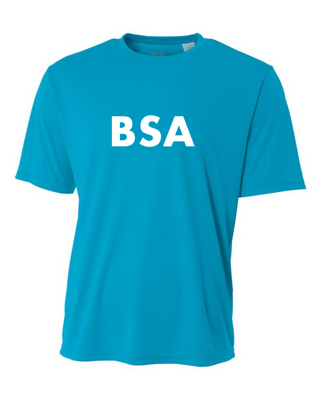 A turquoise short-sleeved t-shirt with the letters "BSA" printed in bold white text across the chest.