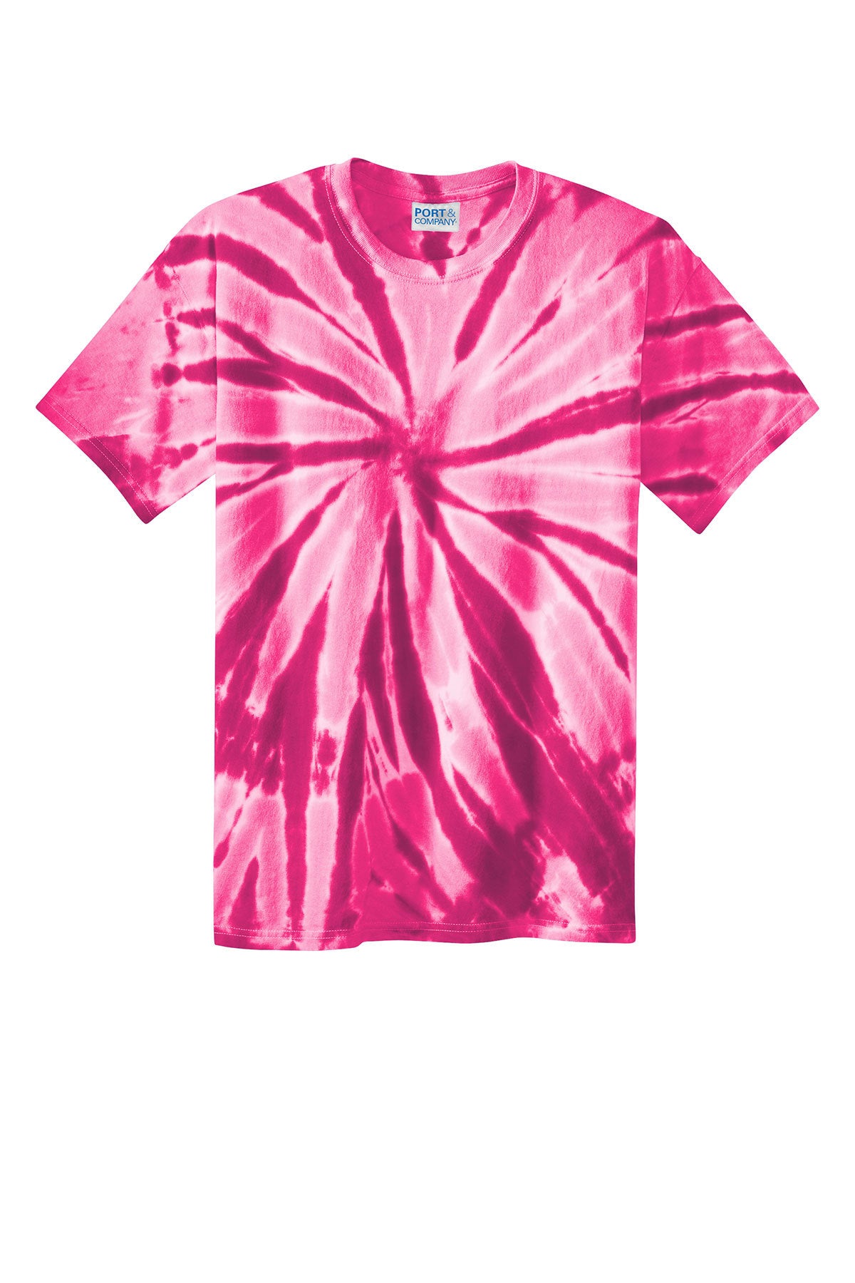 Port & Company short-sleeve t-shirt featuring a pink and white spiral tie-dye pattern, isolated on a white background.