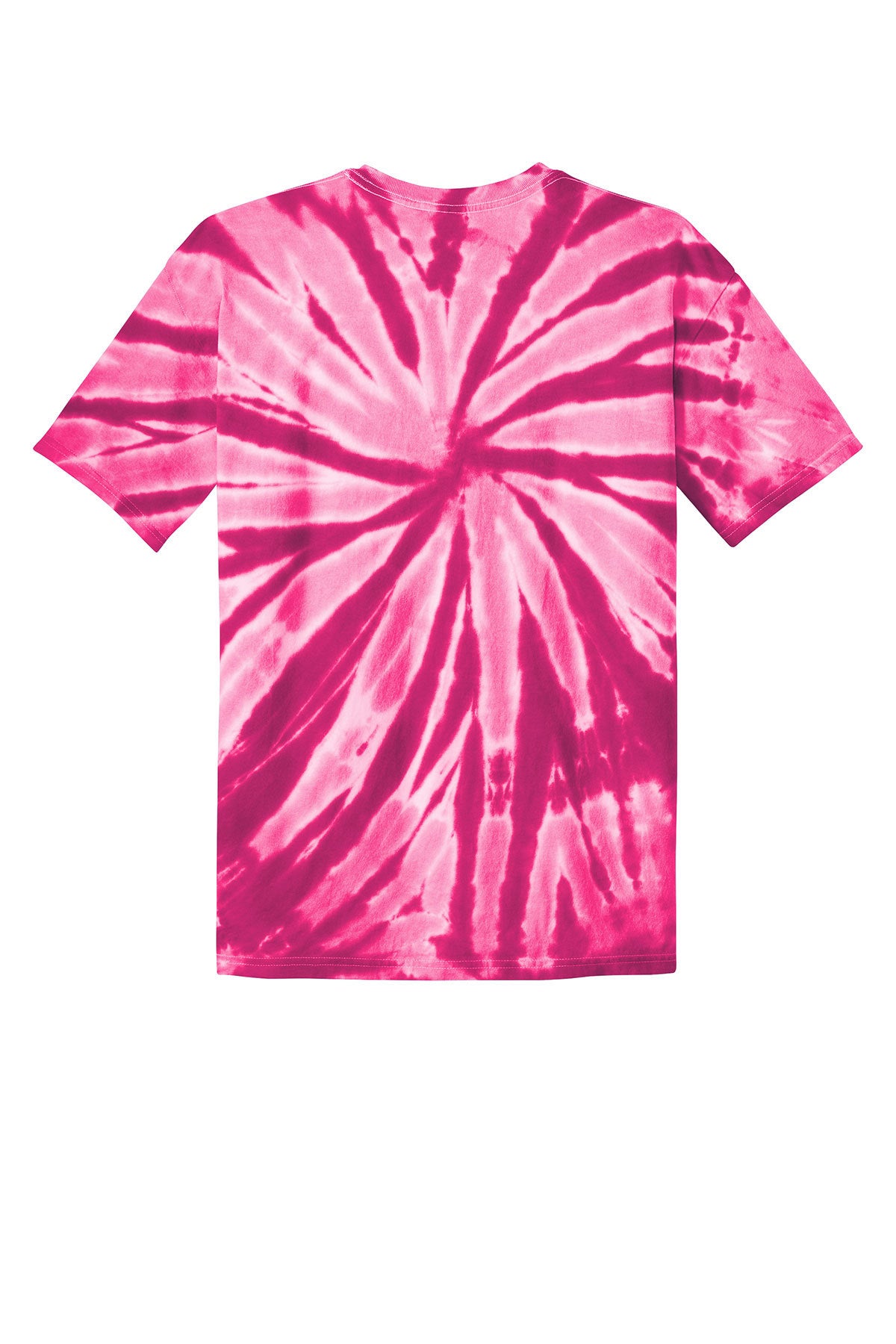 A pink and magenta tie-dye t-shirt featuring a centered spiral pattern, shown flat against a white background.