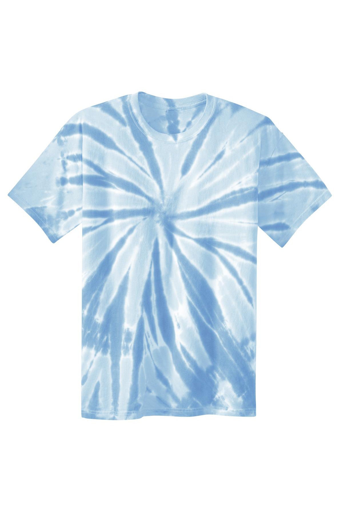 Short-sleeved light blue and white tie-dye t-shirt with a central spiral pattern, shown on a plain white background.