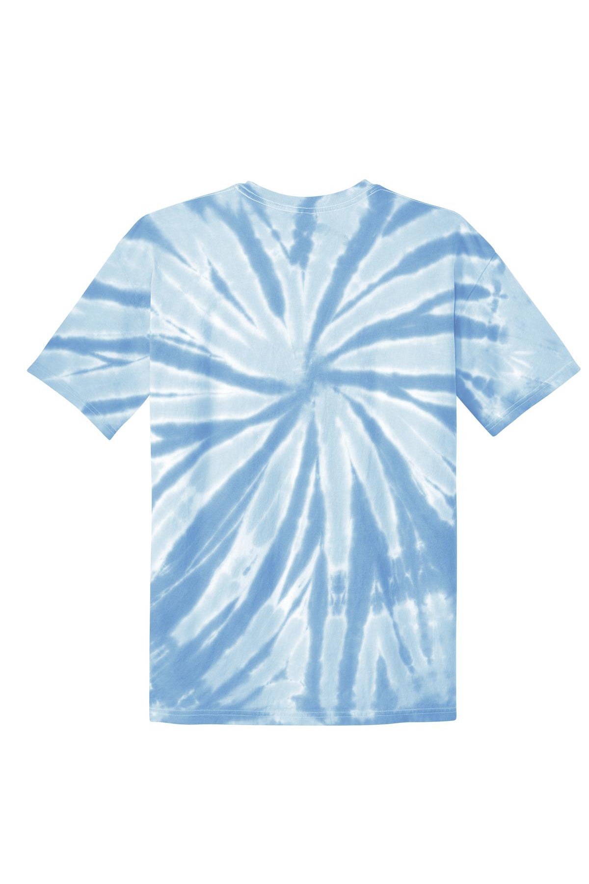 A short-sleeved t-shirt featuring a blue and white spiral tie-dye pattern radiating from the center, shown from the back against a plain white background.