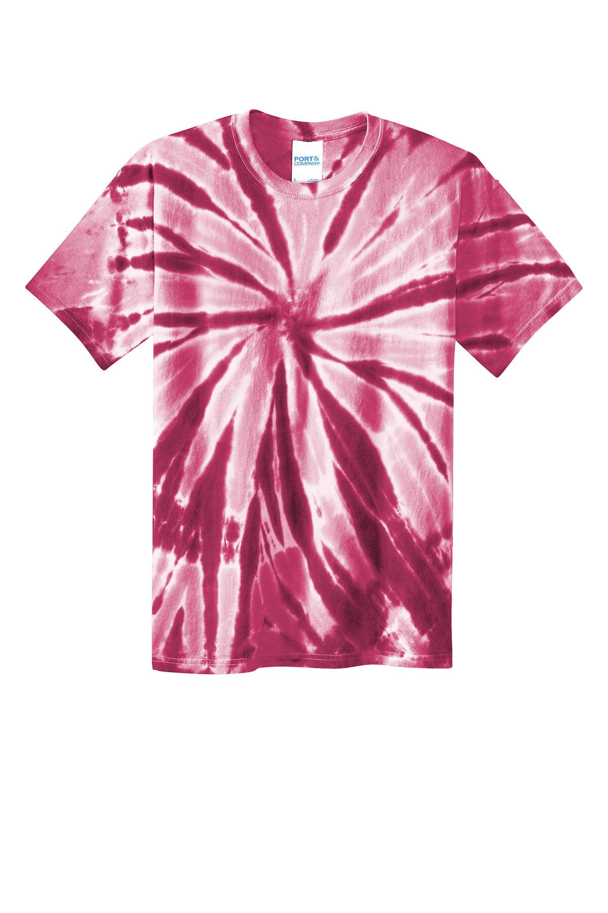 Short-sleeved pink and white tie-dye t-shirt with a spiral pattern centered on the chest.