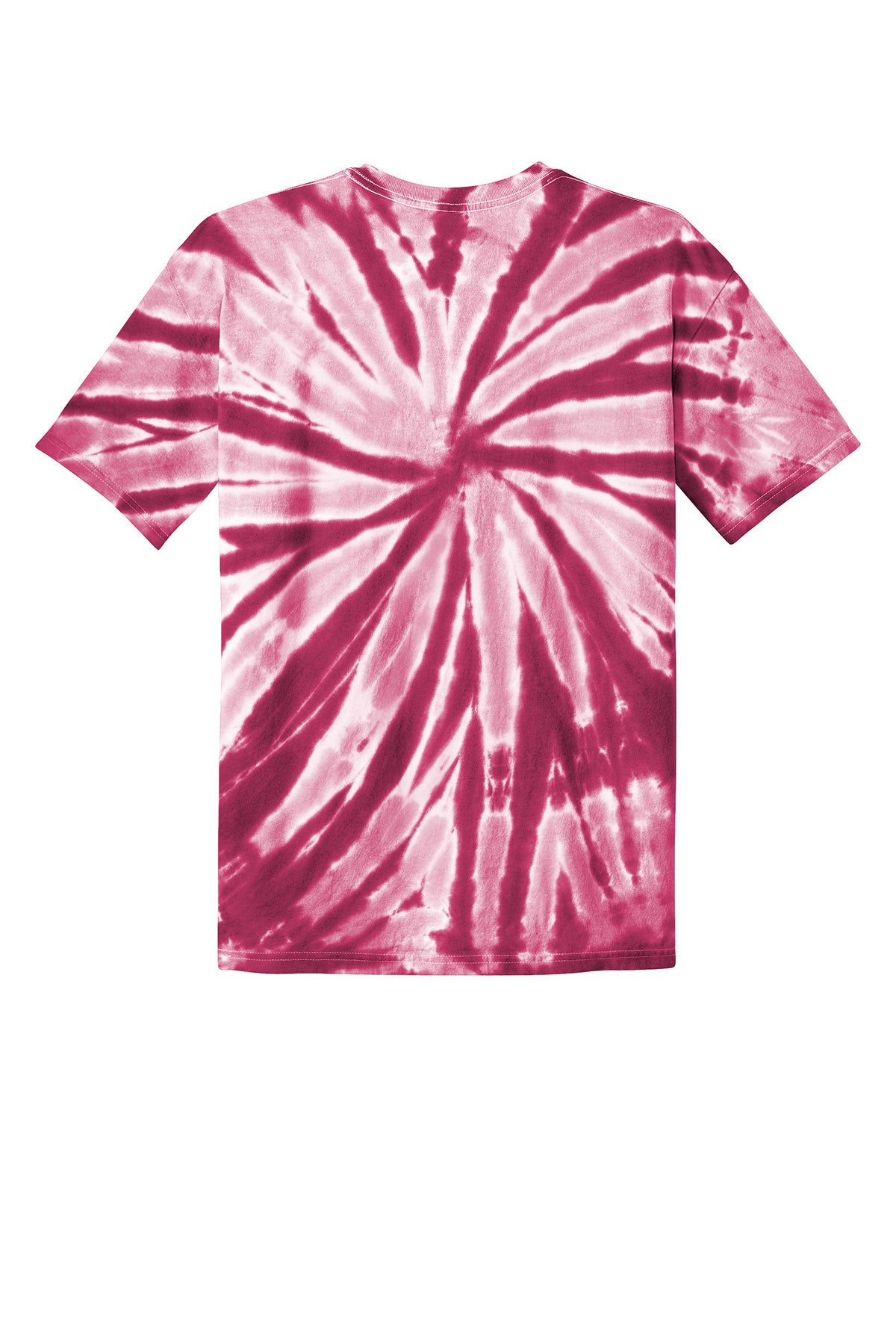 Pink and white tie-dye t-shirt with a spiral pattern centered on the chest. The shirt is displayed on a plain white background.