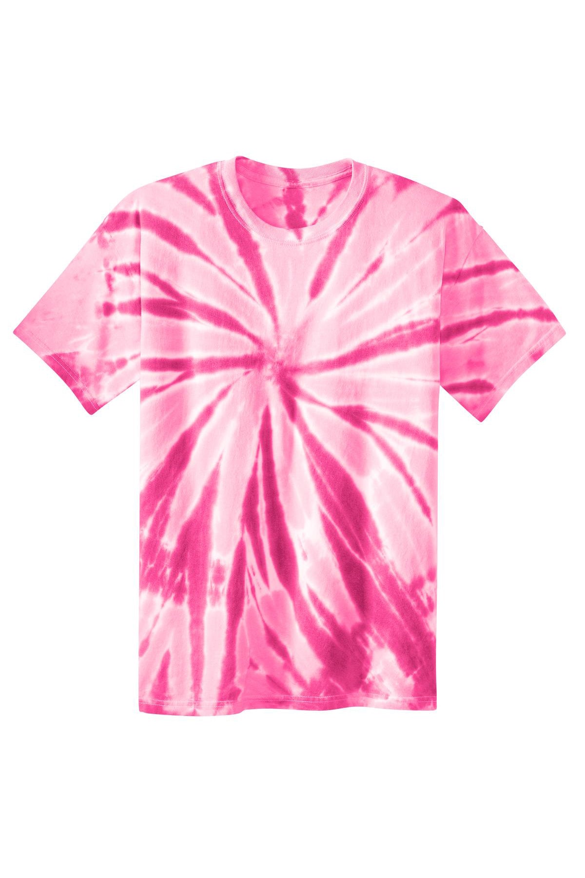 A short-sleeved t-shirt featuring a vibrant pink spiral tie-dye pattern on a light pink background.
