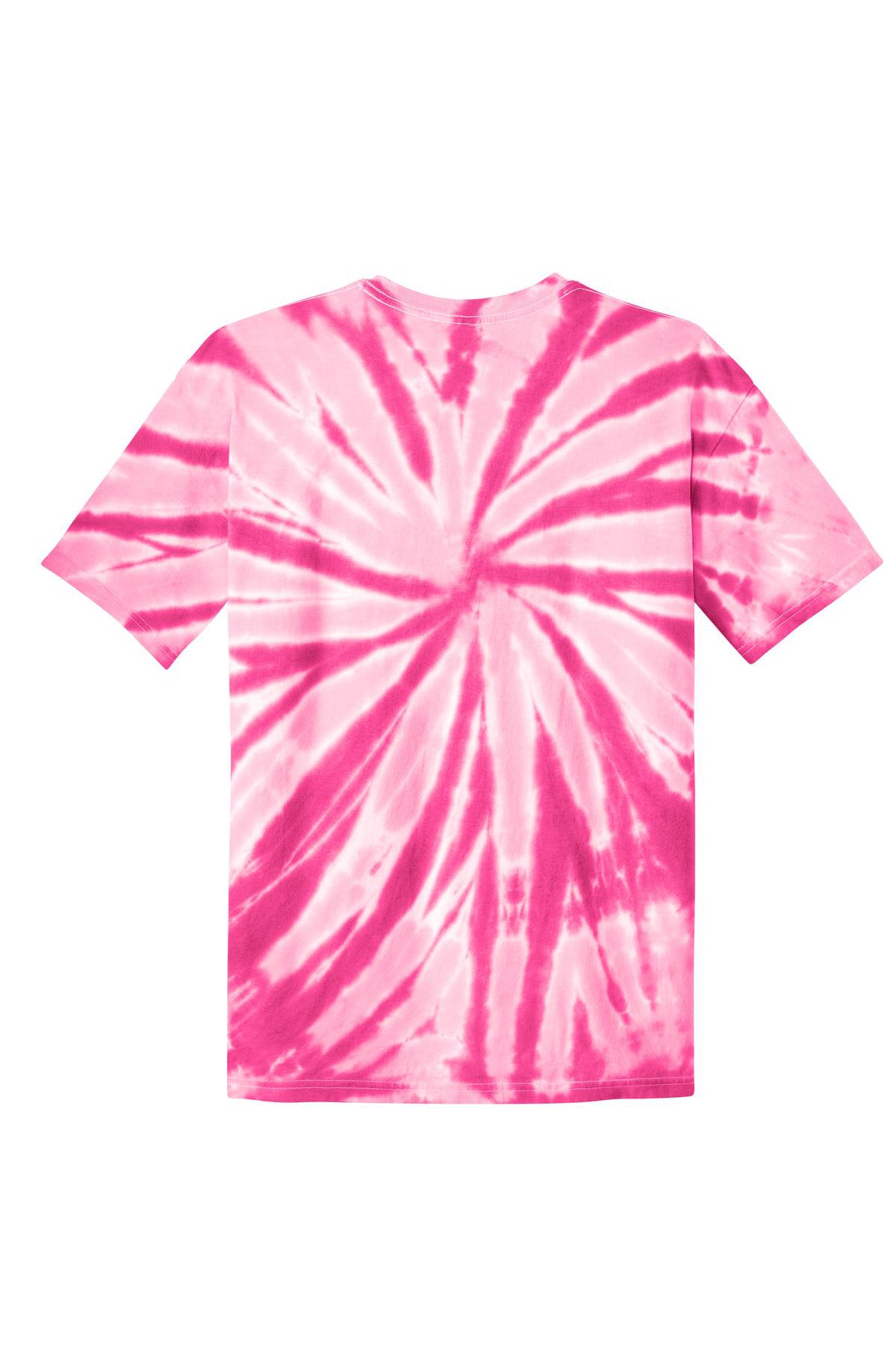 Back view of a pink and white spiral tie-dye t-shirt on a plain white background.