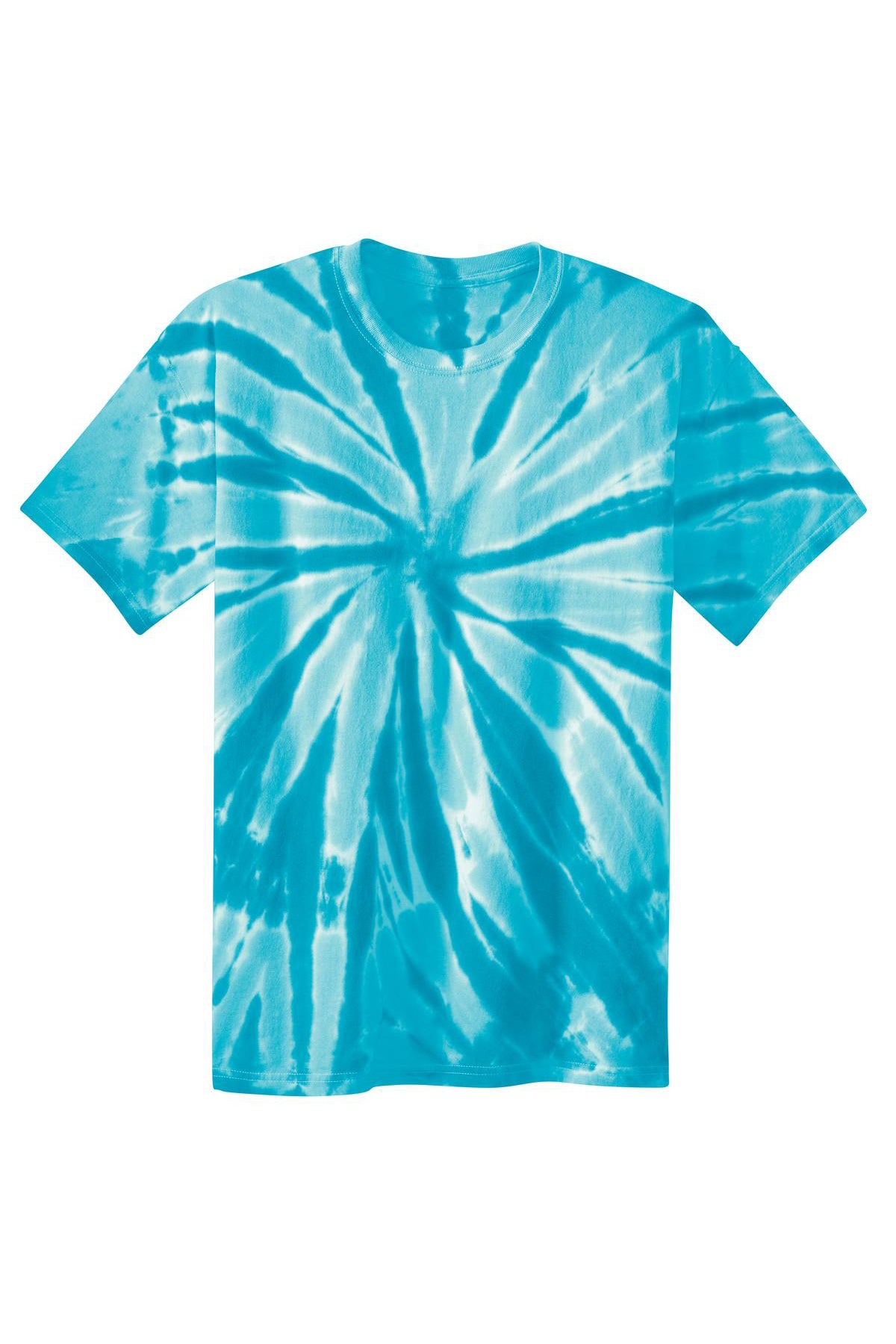 A short-sleeved t-shirt with a light blue and white spiral tie-dye pattern.