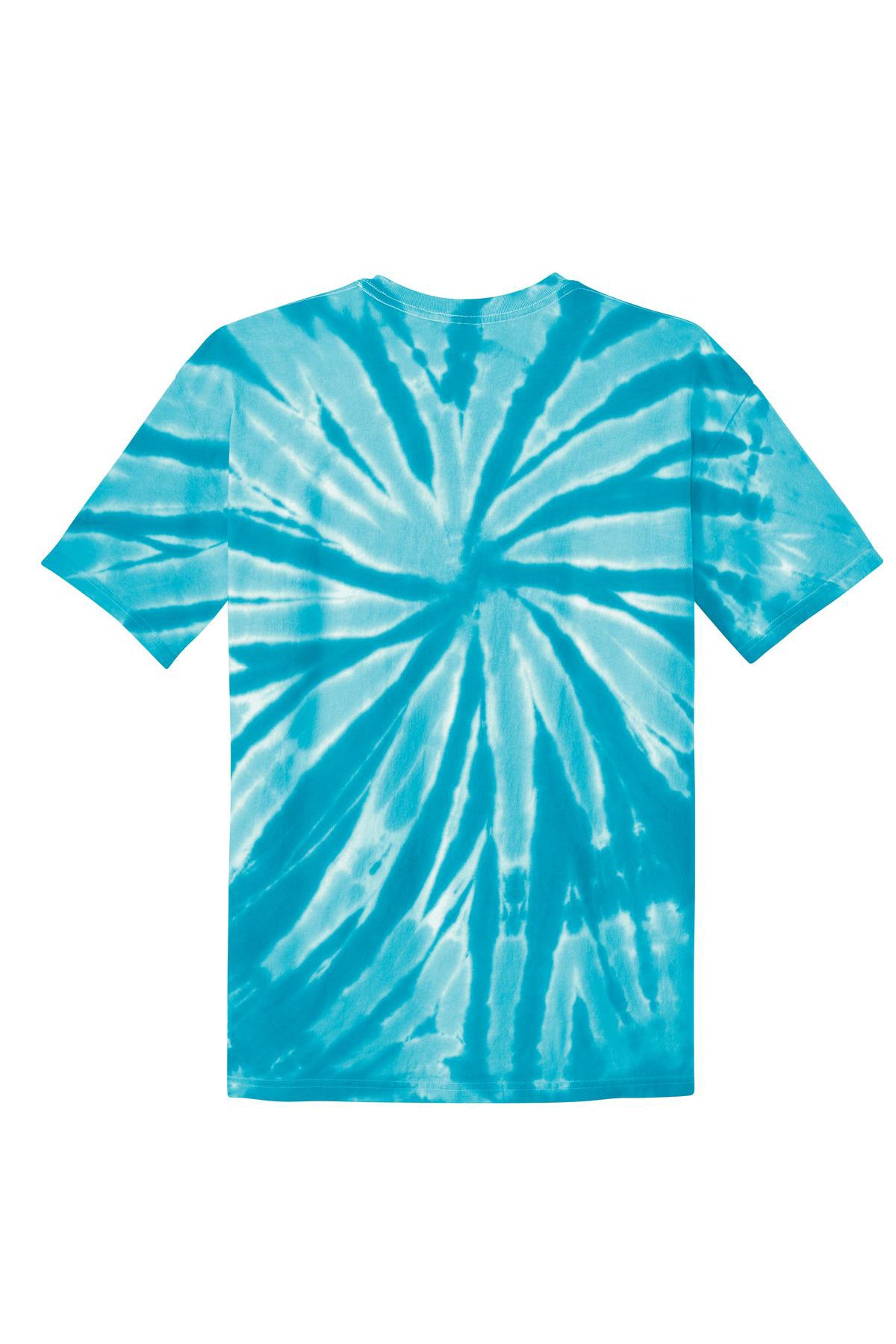 Short-sleeved t-shirt with a vibrant turquoise and white spiral tie-dye pattern.