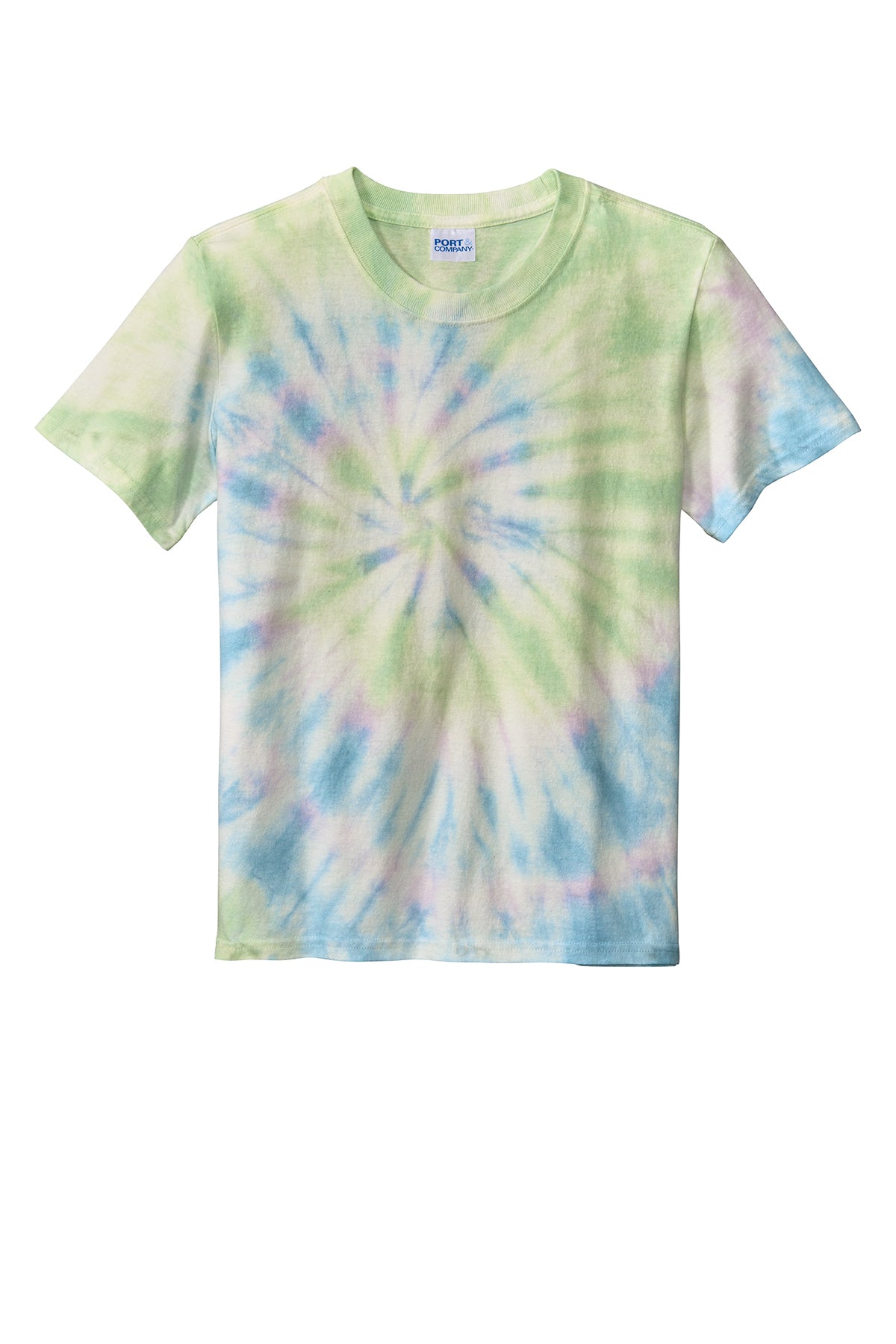 A short-sleeve crewneck t-shirt featuring a pastel spiral tie-dye pattern in shades of green, blue, and purple on a white background.