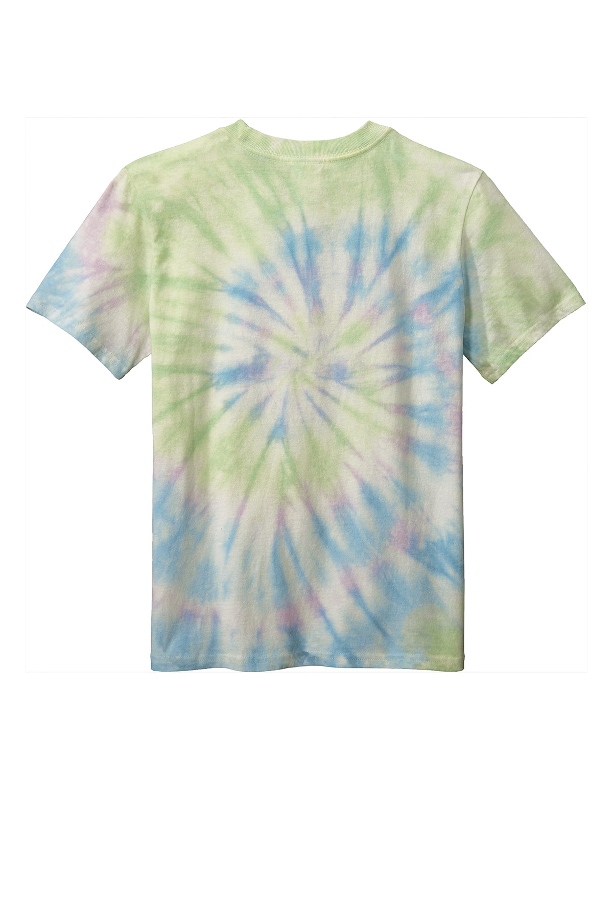Back view of a white short-sleeved t-shirt featuring a pastel spiral tie-dye pattern in light shades of green, blue, and purple.
