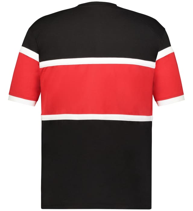 Rear view of a short-sleeved shirt with a black, red, and white color-block design featuring a wide red horizontal stripe between thin white borders.