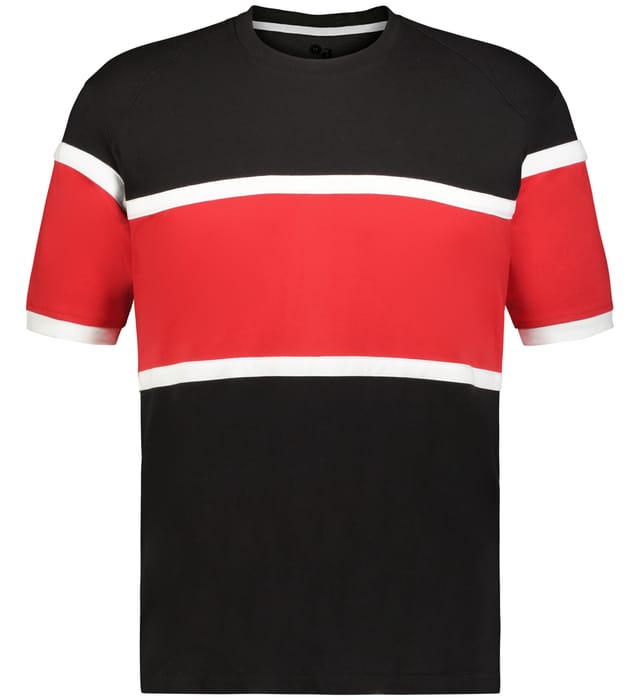 Short-sleeved t-shirt with black top and bottom, featuring a wide red horizontal chest stripe bordered by thin white lines. Sleeve cuffs also have white trim.