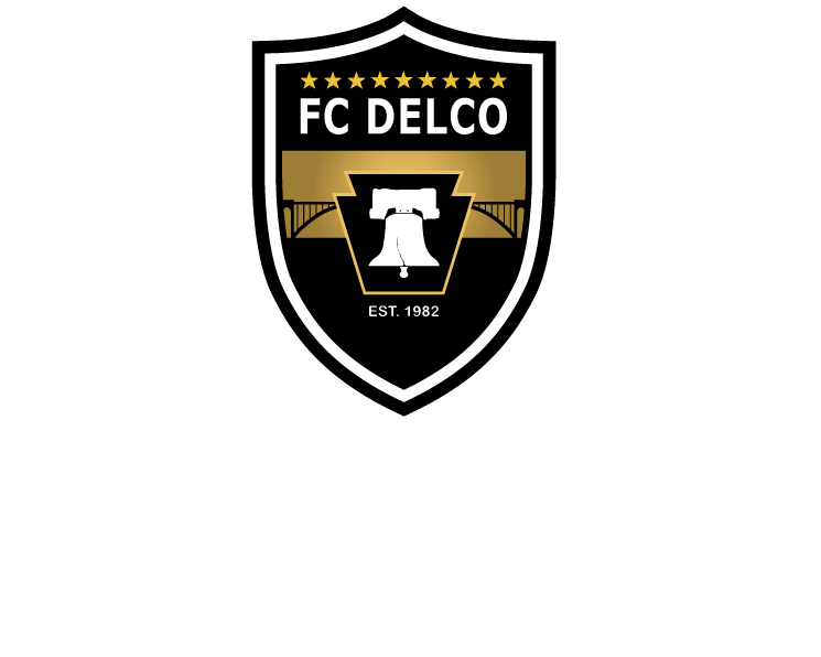 Shield-shaped logo for FC DELCO featuring nine gold stars, a bridge silhouette on a gold band, a central keystone with the Liberty Bell, and text "FC DELCO" and "EST. 1982."