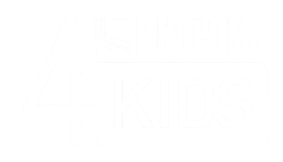 Black and white logo for Lithia 4 Kids. It features a large white number 4 next to the word LITHIA and a white rectangular box containing the word KIDS in black text.