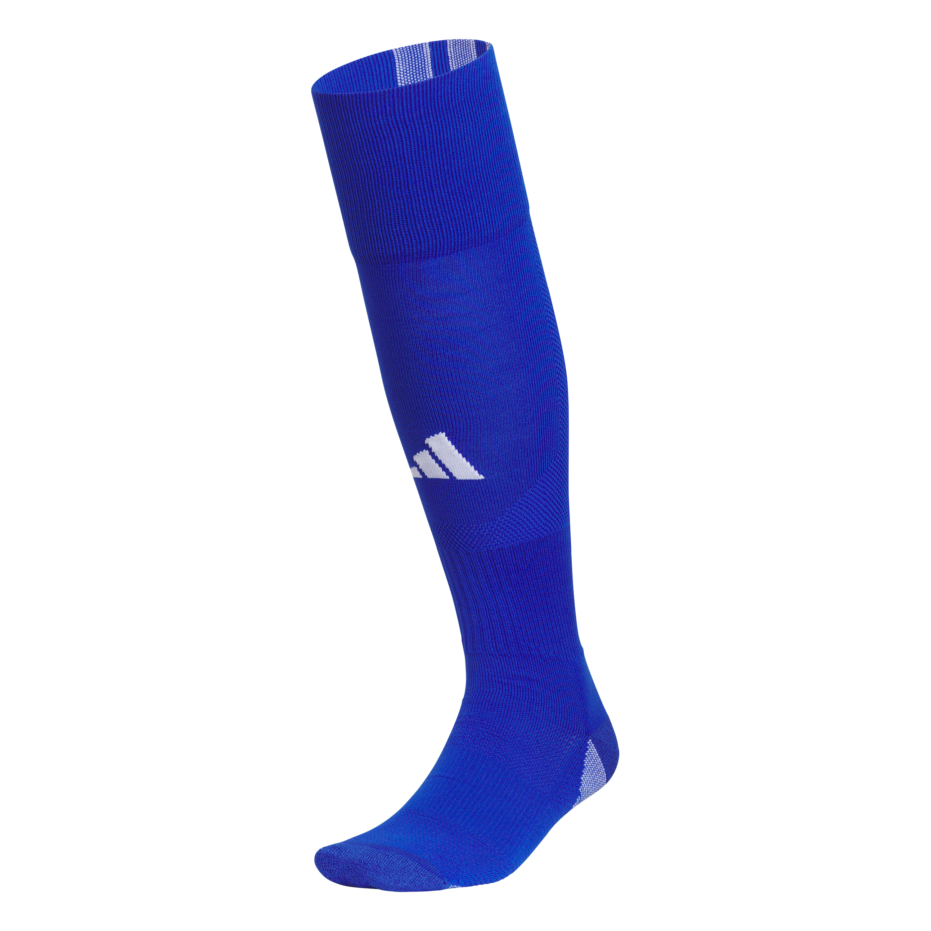 A single blue Adidas knee-high soccer sock with a white logo on the shin, shown from a side profile.