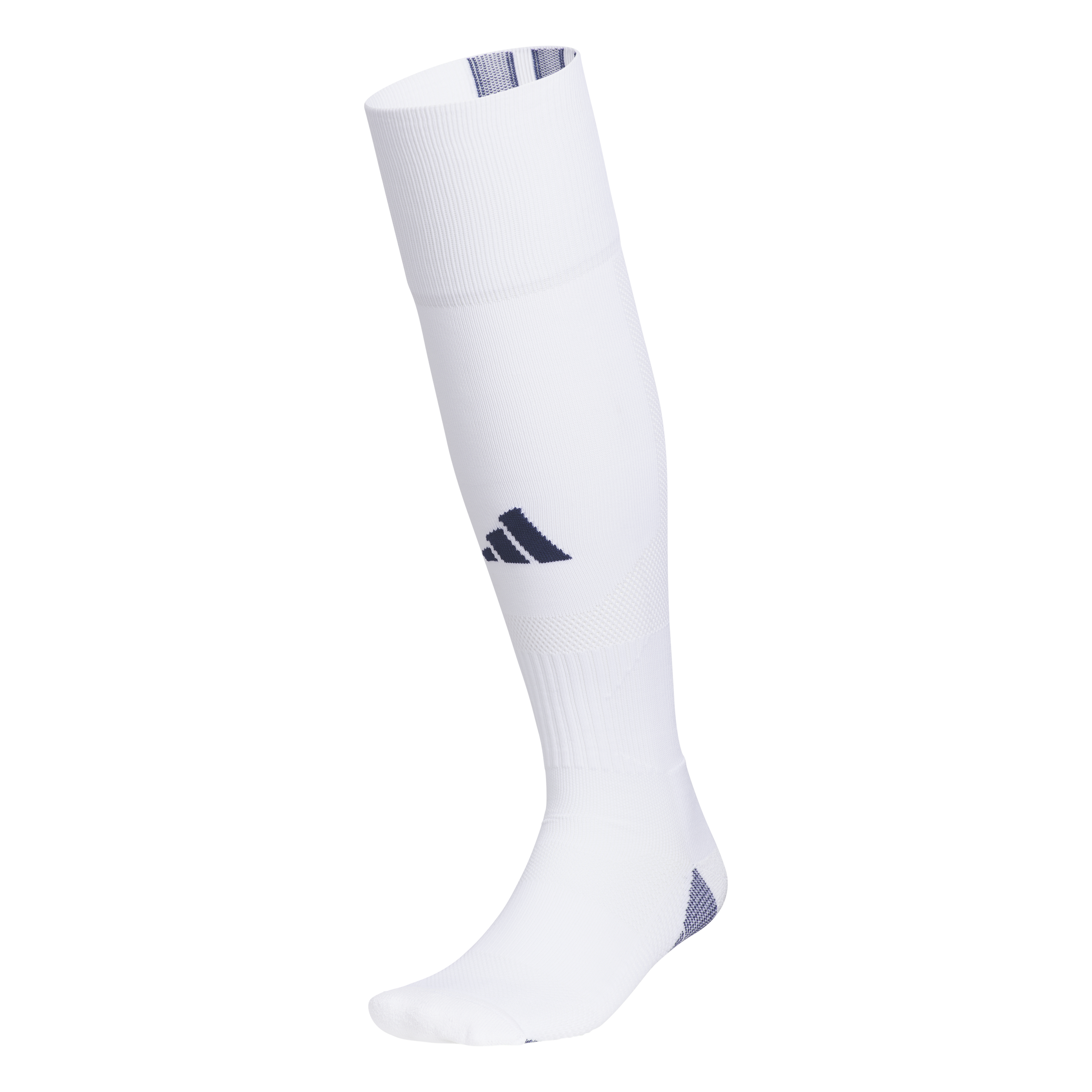 A white knee-high Adidas soccer sock featuring a navy blue performance logo on the shin and navy blue detailing on the heel.