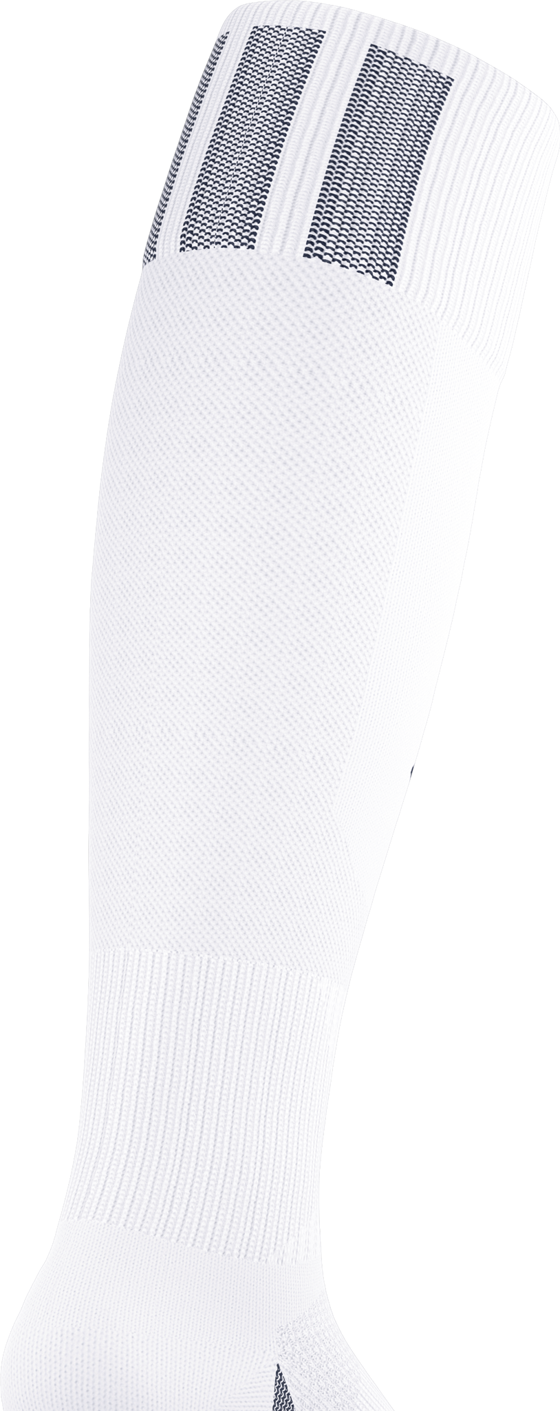 A long white athletic sock with three navy blue stripes at the top cuff, positioned against a black background.