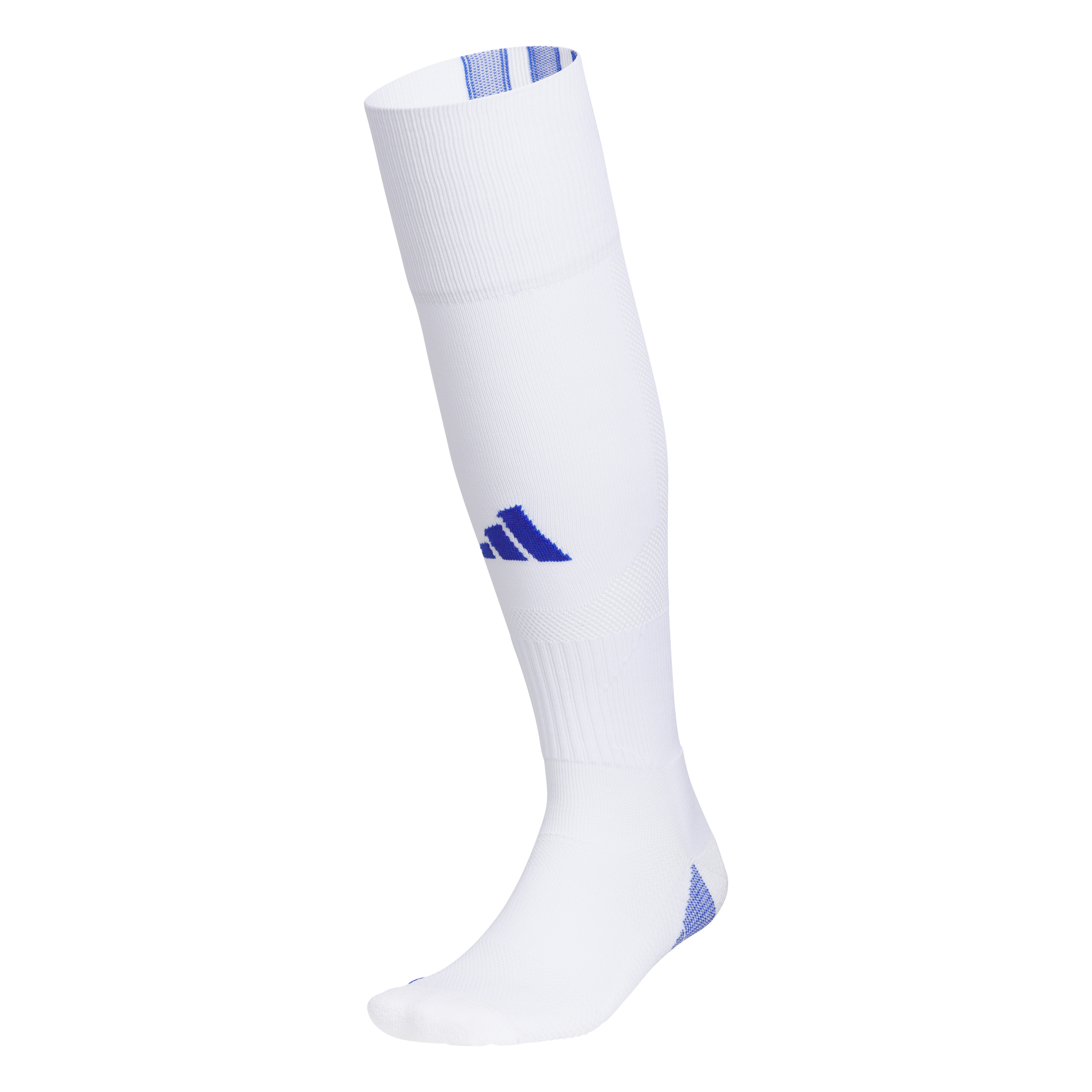 White knee-high Adidas soccer sock with a blue logo on the shin and blue accents at the heel and inner cuff.